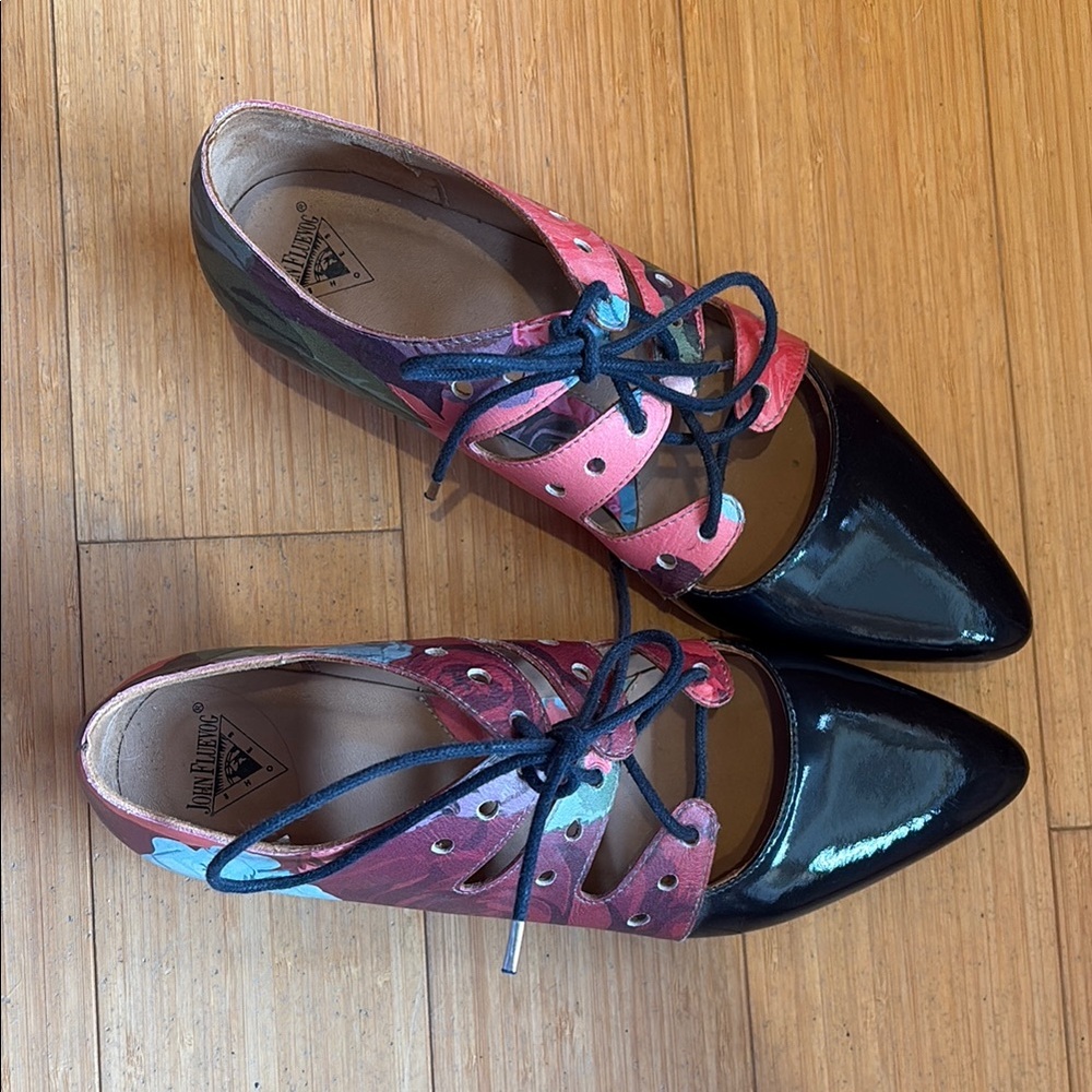 Fluevog Women's Lace-Up Flats in Navy and Floral